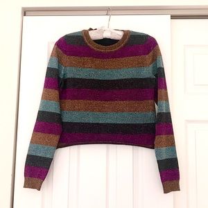 FOREVER 21 Colourful Metallic Long Sleeve Shirt, Stripe Sparkle Blue, Gold, Med